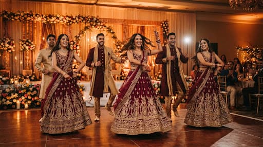 Friends dancing together at a colourful Sangeet celebration